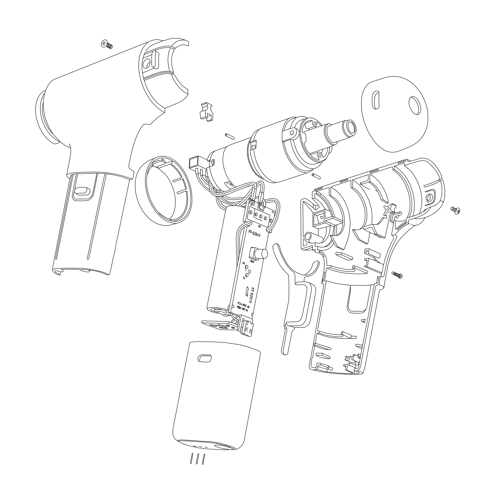 Massage gun parts as a clean line drawing